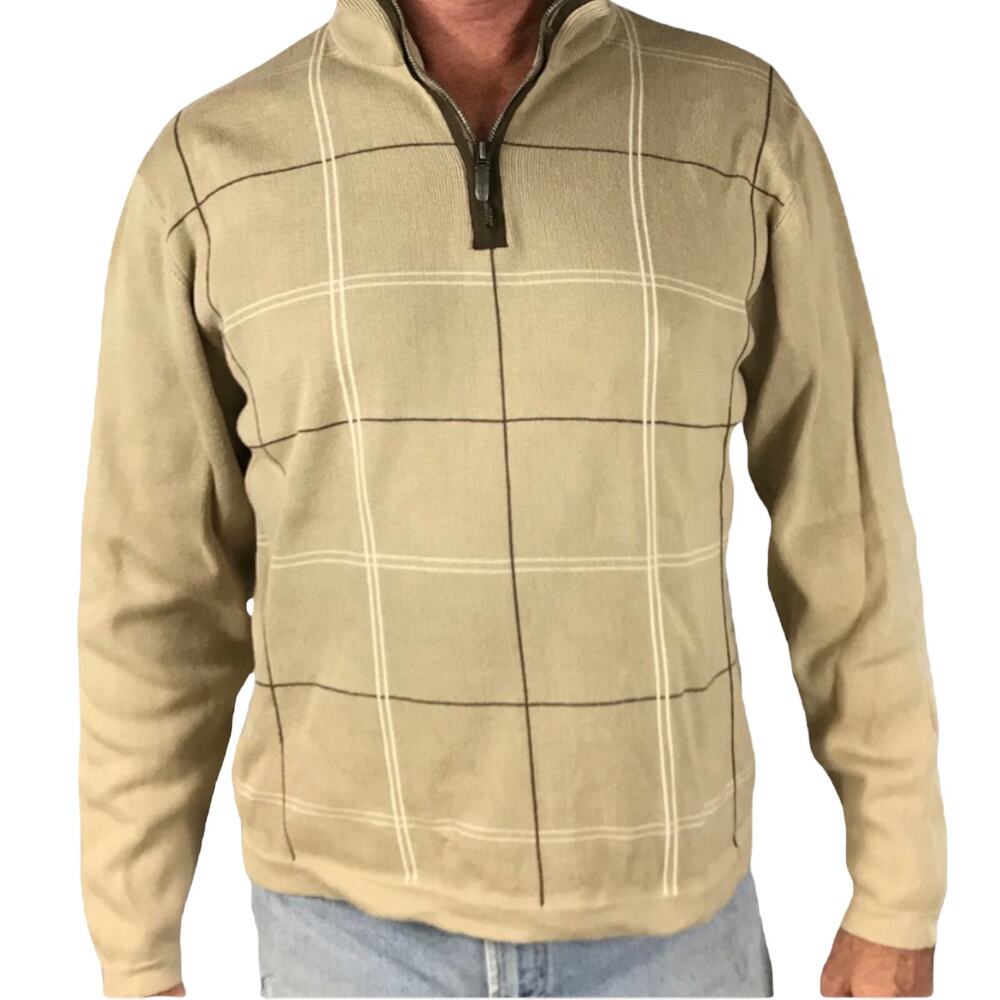 ALEX CANNON Sweater Khaki Striped Half Zip Mock Neck Cotton Pullover Large EUC